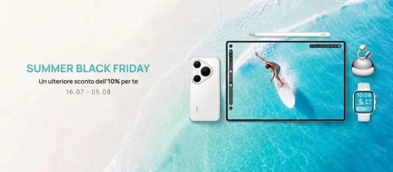 Huawei lancia il Summer Black Friday fino al 5 agosto con coupon e sconti su smartwatch, cuffie, tablet e smartphone, con riduzioni fino a 100 euro.
