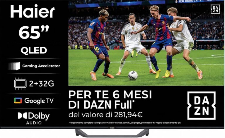 Offerta imperdibile su Amazon: Haier Smart TV 65" QLED 4K UHD a 449,99€ con 6 mesi di DAZN inclusi. Scopri specifiche e convenienza.